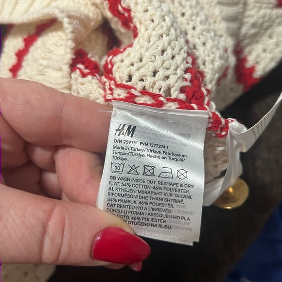 H&M Stripe Cardigan Sweater Women's Large Crochet Retro Cottage Core Red Cream - Picture 5 of 8